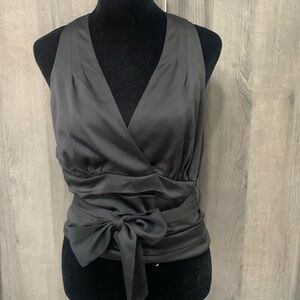 Express Fashions Black Satin Sleeveless Drop Bow Tie V Neckline Blouse Size S